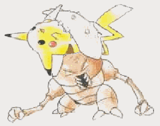 A Pinsir crushing a Pikachu in its pincers