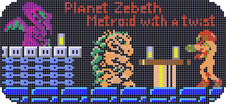 The template, with Ridley, Kraid, and Samus at the bar, drinks on the table, and the text 'Planet Zebeth, Metroid with a twist' above.