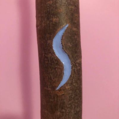 The vertically stretched S symbol carved into a staff. The symbol is light blue, in front of the pink wall.