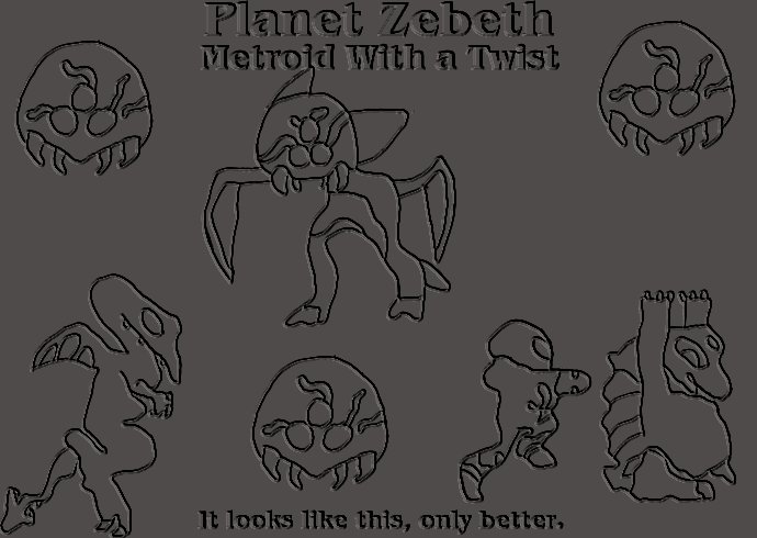 Kinda outline drawings of Kabs, Ridley, Samus, Kraid and some Metroids. It looks kinda reverse-embossed, like it's kinda scratched into the background, and it says on the bottom 'It looks like this, only better'