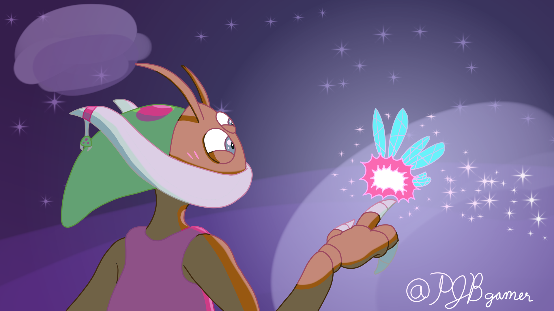 A futuristic Kabutroid with antennae, a horn that curves around her face, with a Metroid earring dangling from one side, wearing a pink top, holding her hand out to a six-winged fairy Abby, a glowing pink ball with wings and giving off sparkles, who is shining a light over Kabutroid, with a purple starry night in the background.