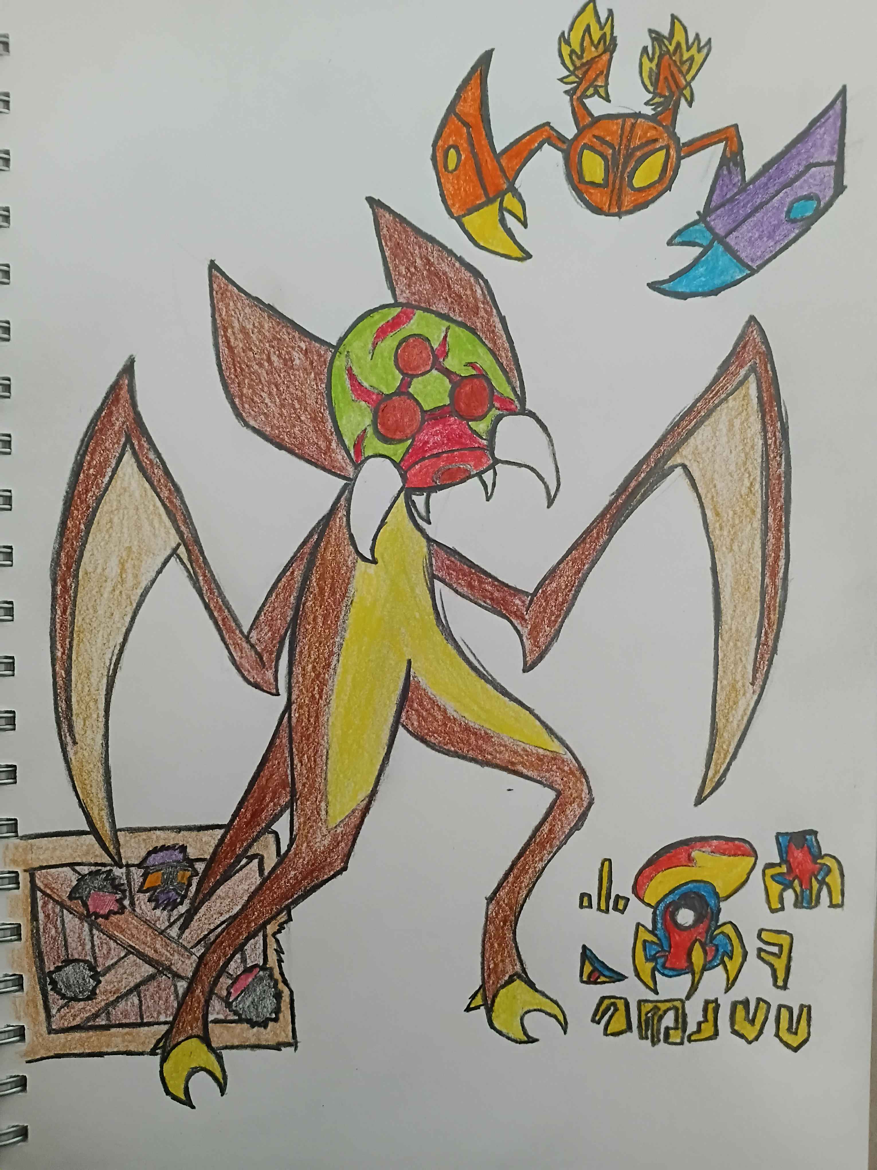 A coloured pencil drawing inside a spiral bound drawing pad of Kabutroid looking up at Geruta with the one purple arm, with Gronky below looking happy nd playful and multicoloured in blue, red, and yellow, and Boxy, the Dessgeega that's trapped inside of a wooden box with holes punched through the side, sitting behind Kabs.