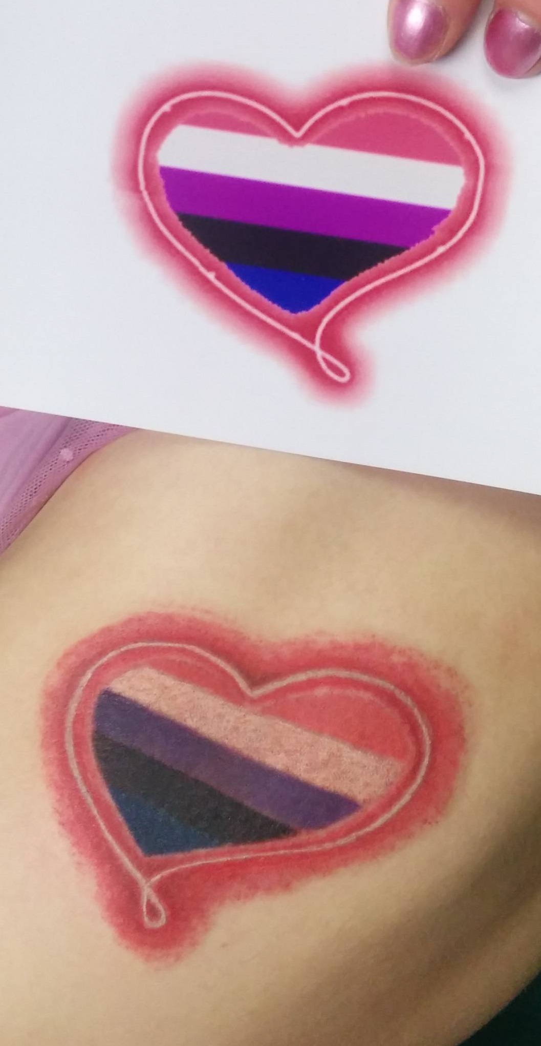 The printout of the flag inside the heart, above the tattoo of it on Kabutroid's hip.