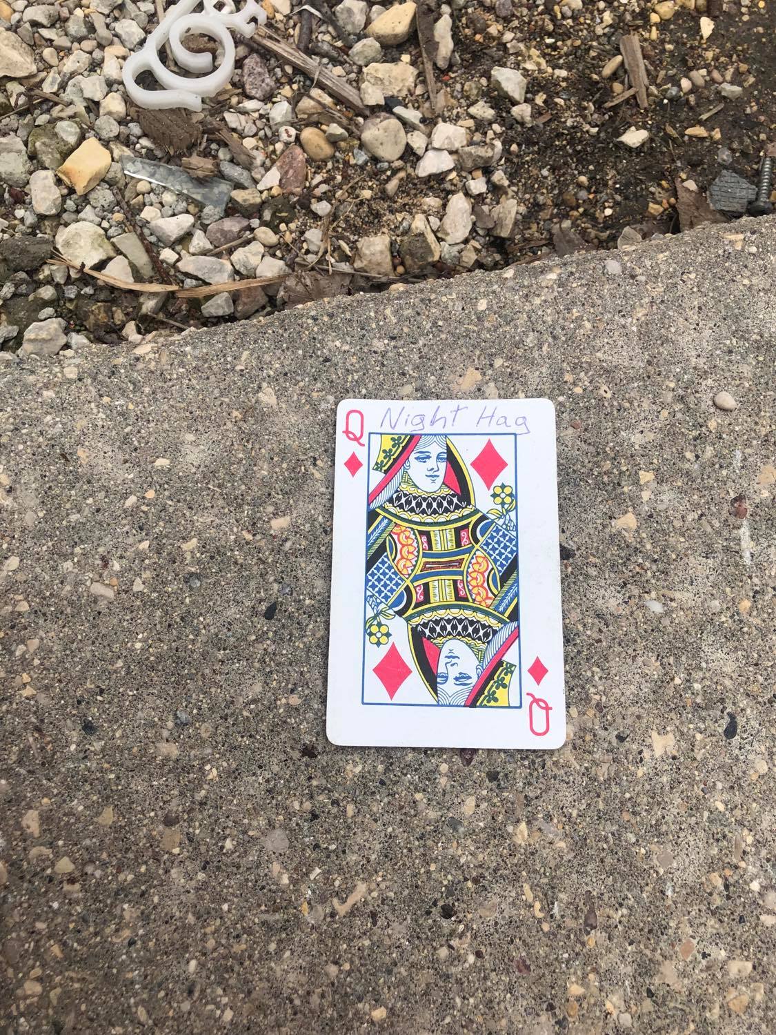 The queen of diamonds, laying on the ground before the creature.