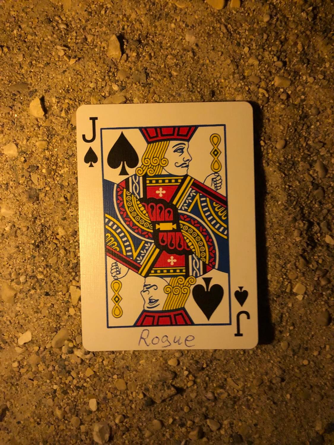 The jack of spades with Rogue written on it, laying on the darkened soil.