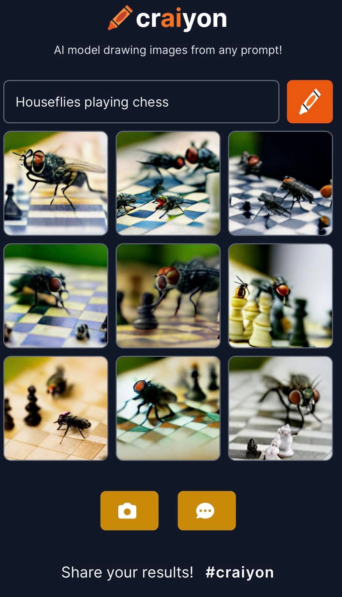 A 'Craiyon prompt', an AI drawing of the phrase 'houseflies playing chess', and showing a set of nine unusual drawings of houseflies playing chess, most of the images have the houseflies as slightly larger than the chess pieces, and generally it's of one or multiple houseflies standing on a chess board, facing one of the pieces.