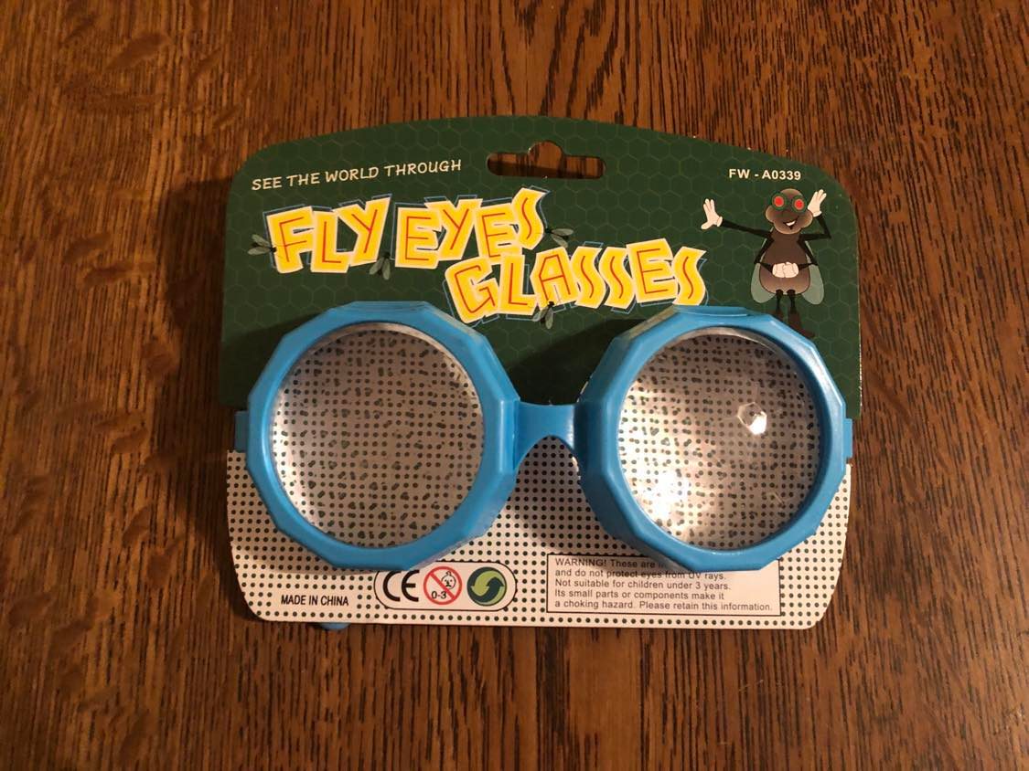 Fly Eyes Glasses, blue glasses on a green packaging. A fly stands proudly while wearing a belt beside the title
