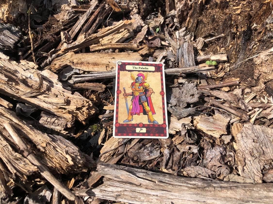 A golden warrior with a sword, the card laying on the forest debris.