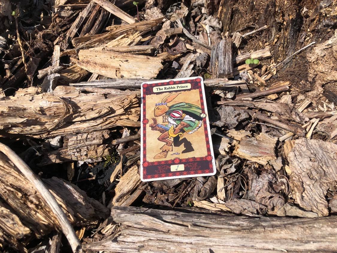 A Harengon with a broken sword, the card laying on the forest debris.