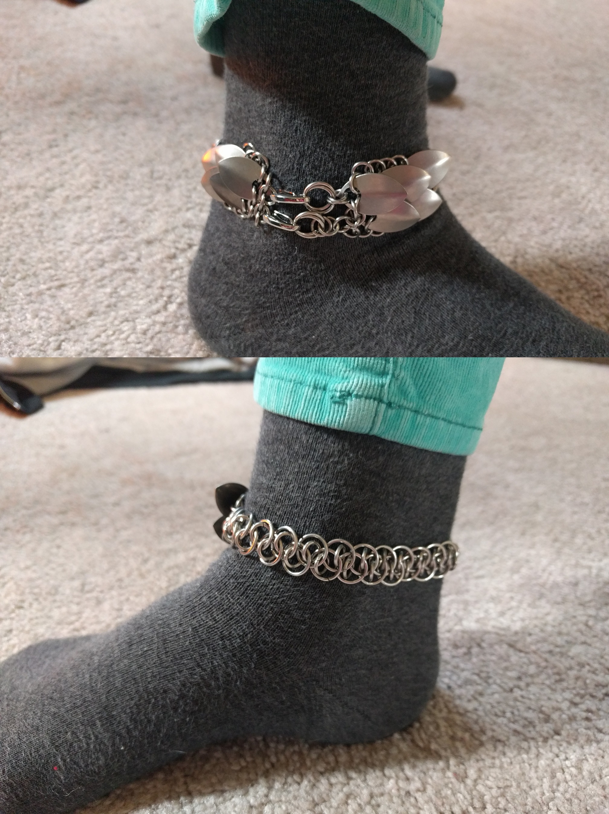 A chainmaille anklet made with G S G weave, with scales around the clasp resembling wings.