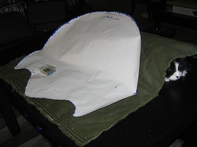 The template pinned to the back of the green fabric, and the black and white cat Nikita is hiding beneath it.