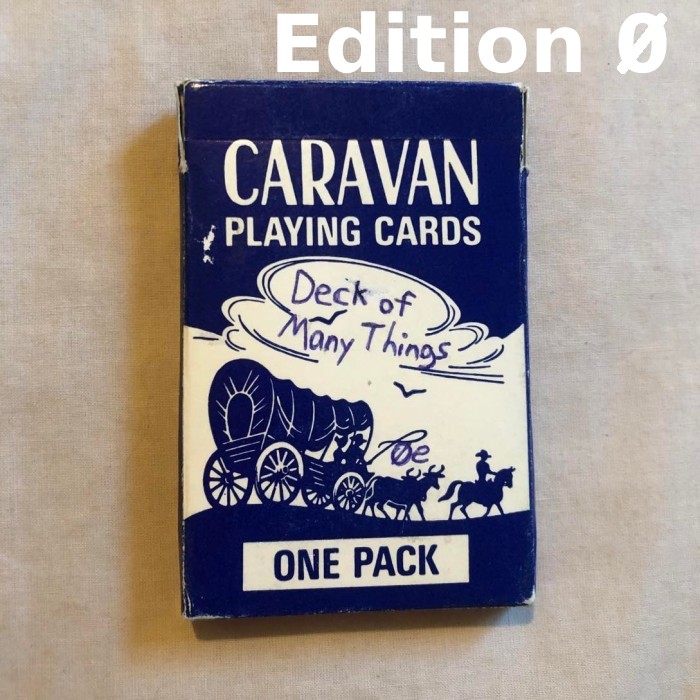 The blue caravan playing card box, stating the deck of many things, edition 0