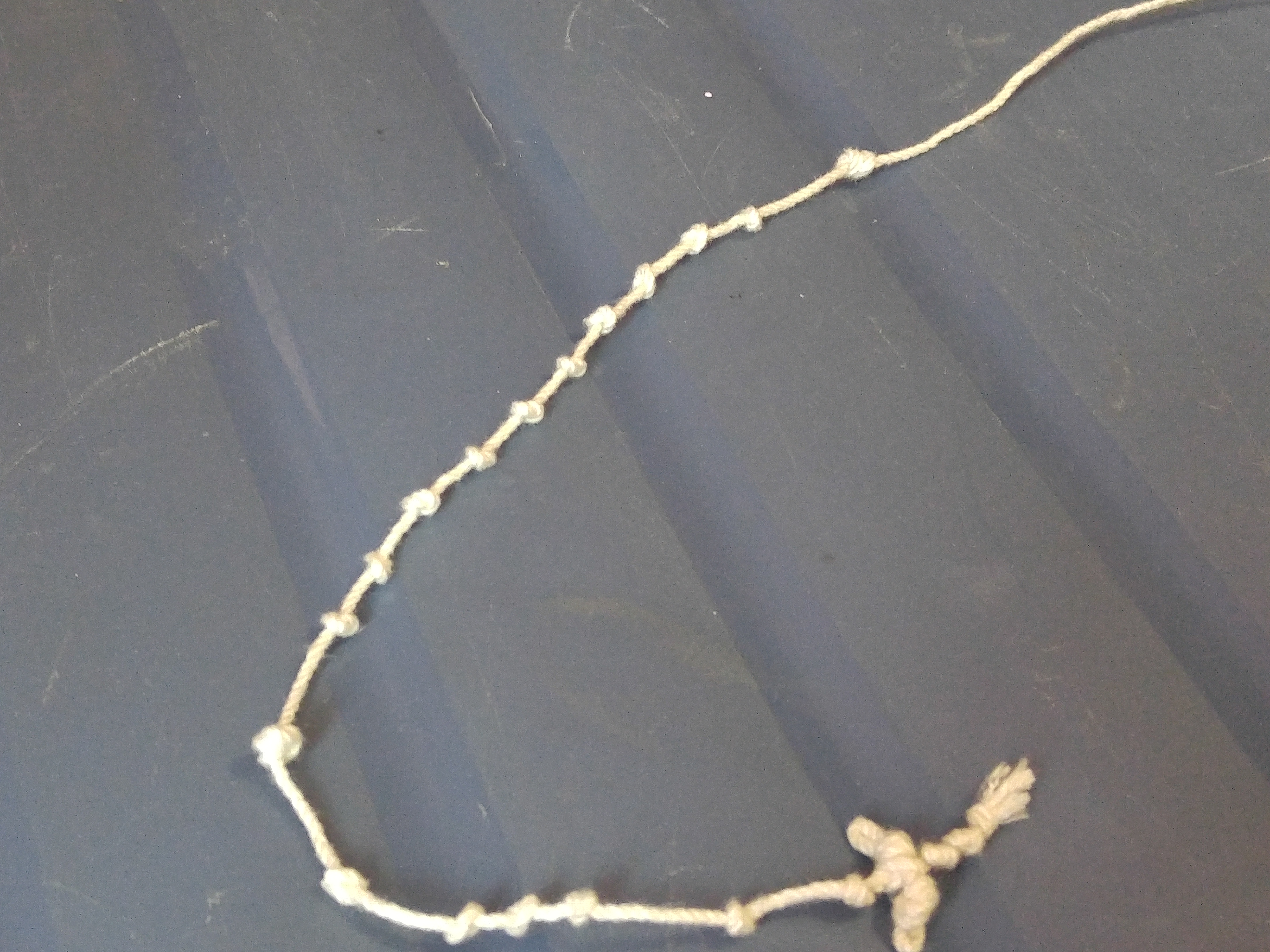 A loop of the string, with over a dozen knots tied into it, laying in a curve.