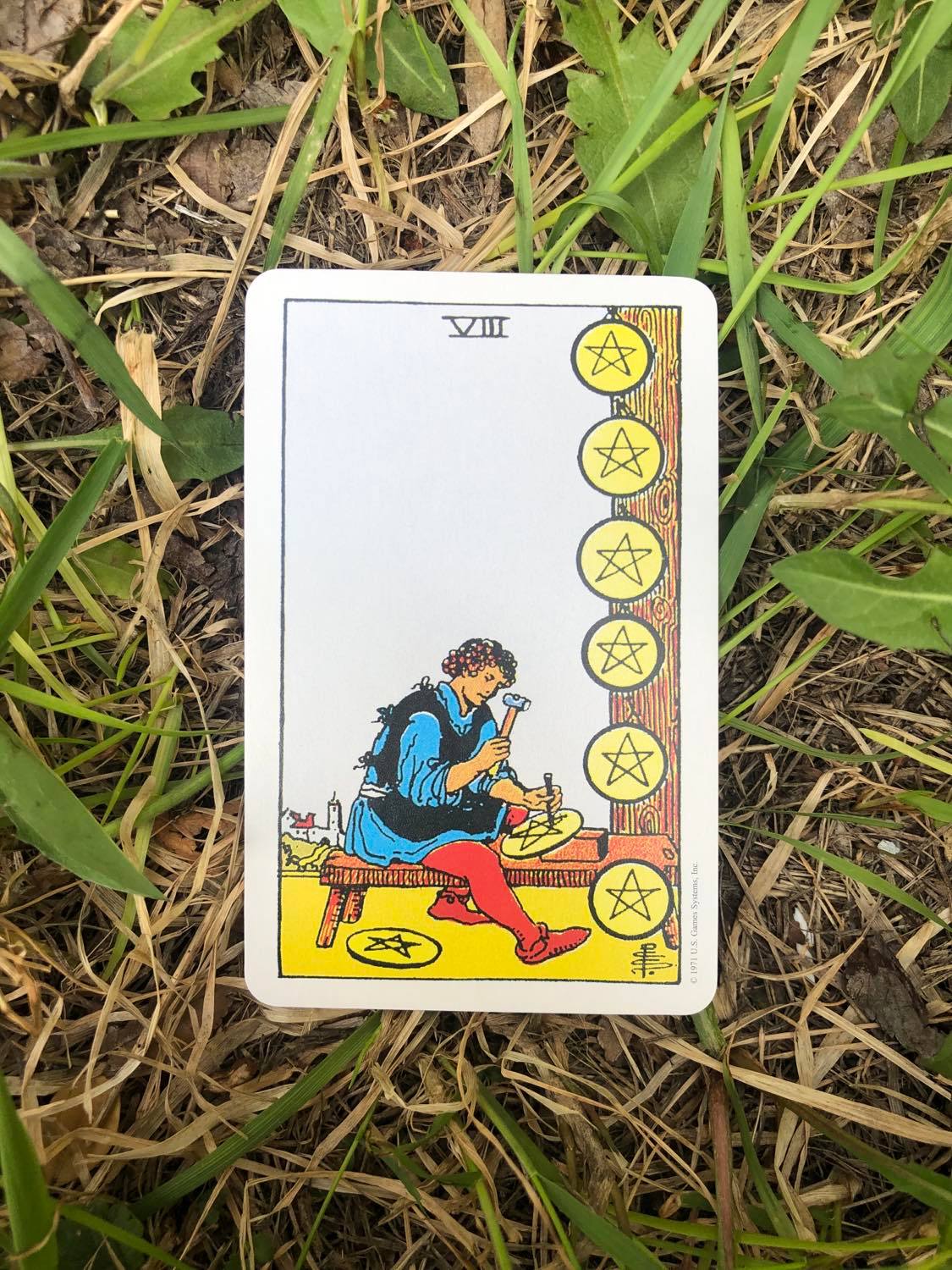 The Eight of Pentacles, upright, laying in the grass.