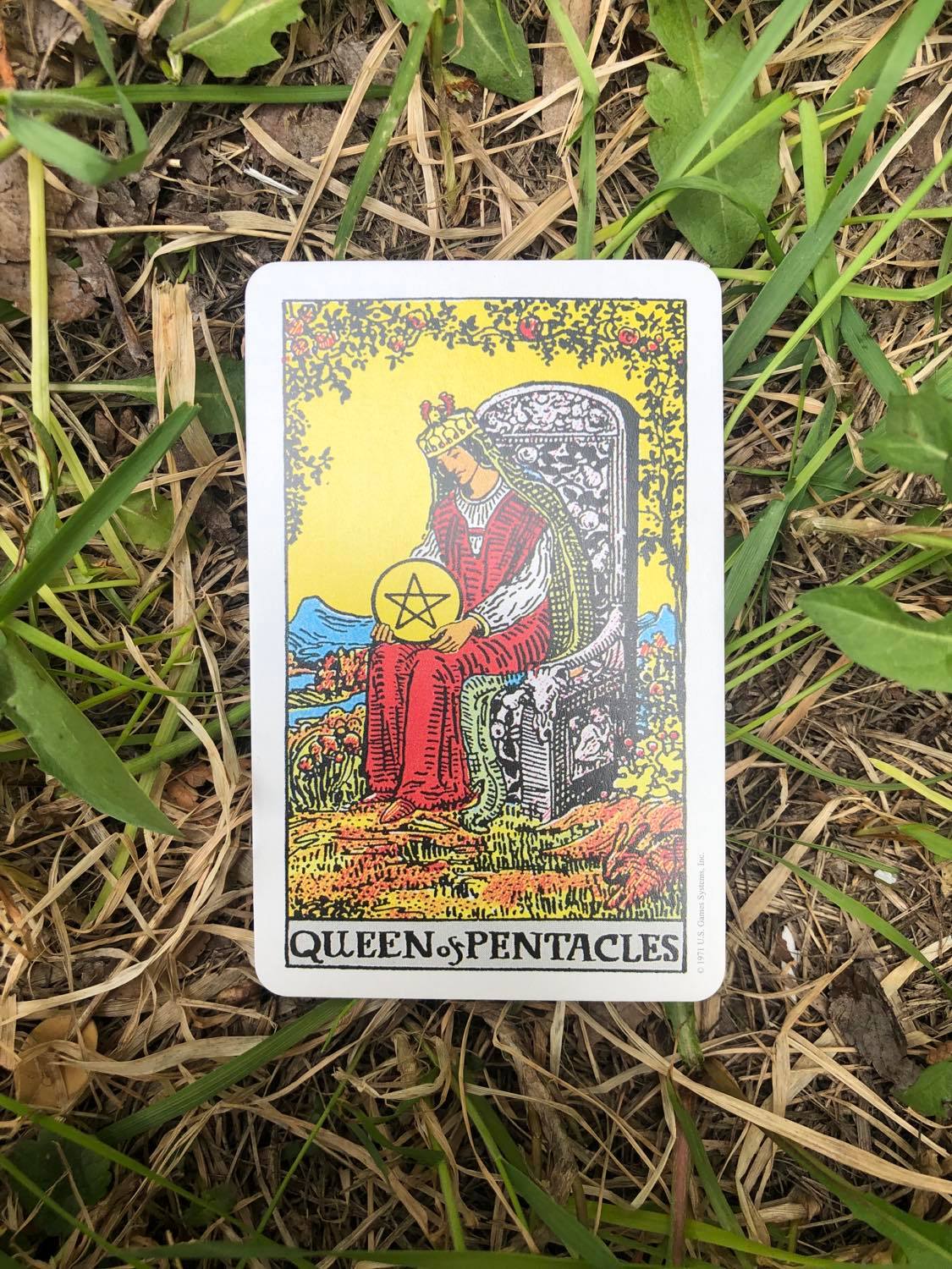 The Queen of Pentacles, upright, laying in the grass.