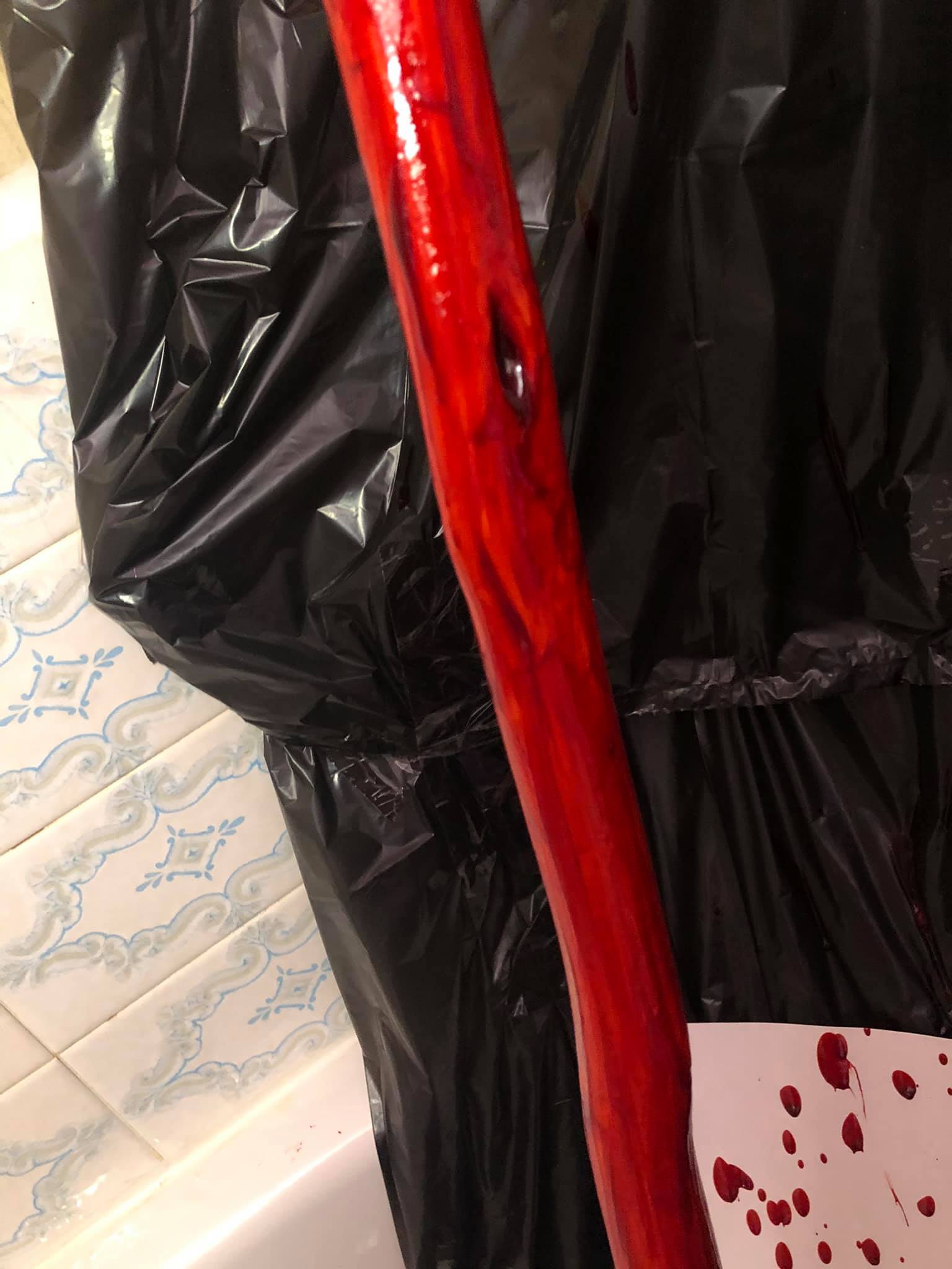 The bloody staff, with droplets at the bottom.