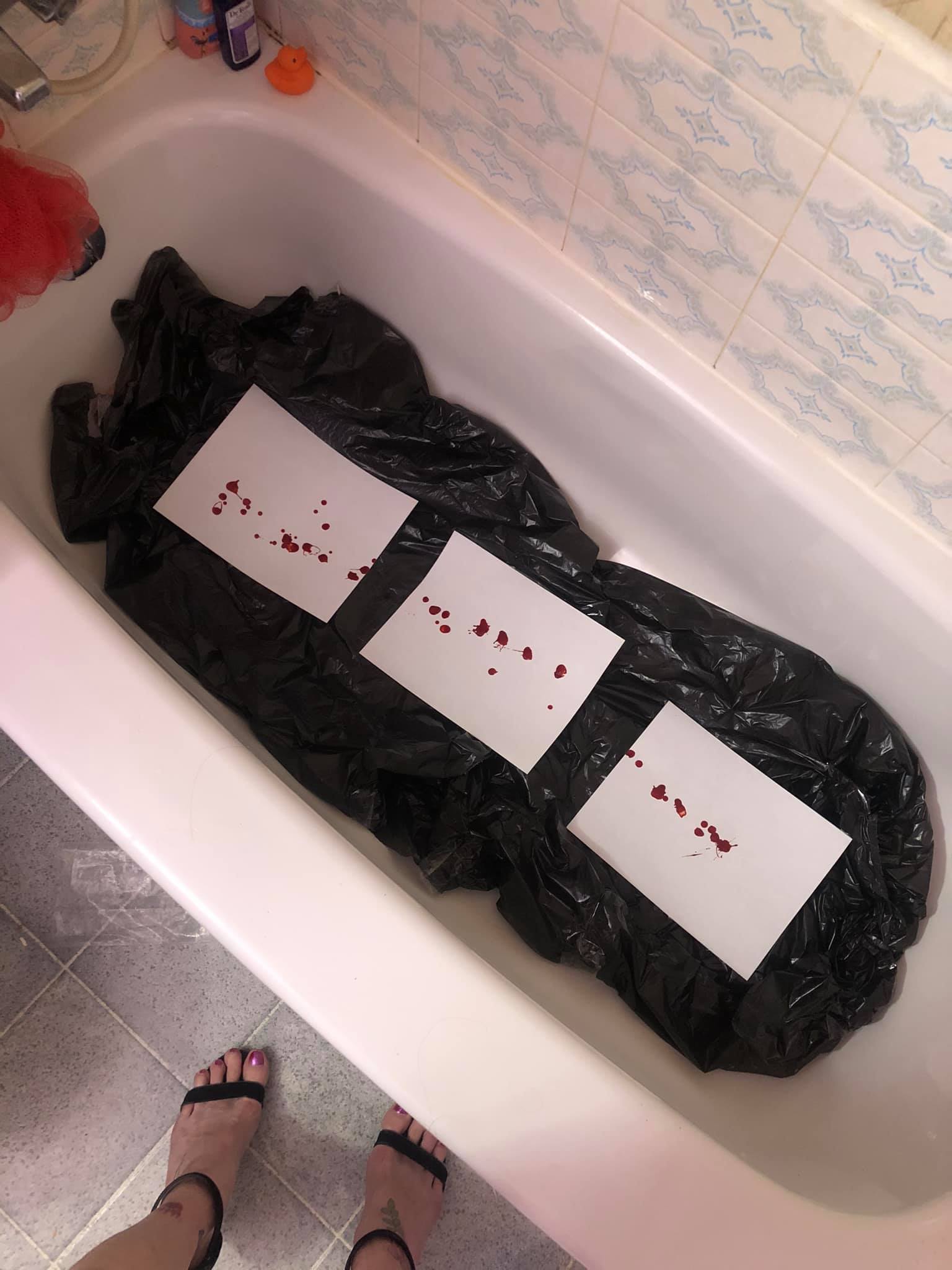 Three more canvases with droplets of blood, just kinda run back and forth over the pages, as though letting it drip from the staff and just kinda moving it back and forth. Her feet are seen at the base of the tub.