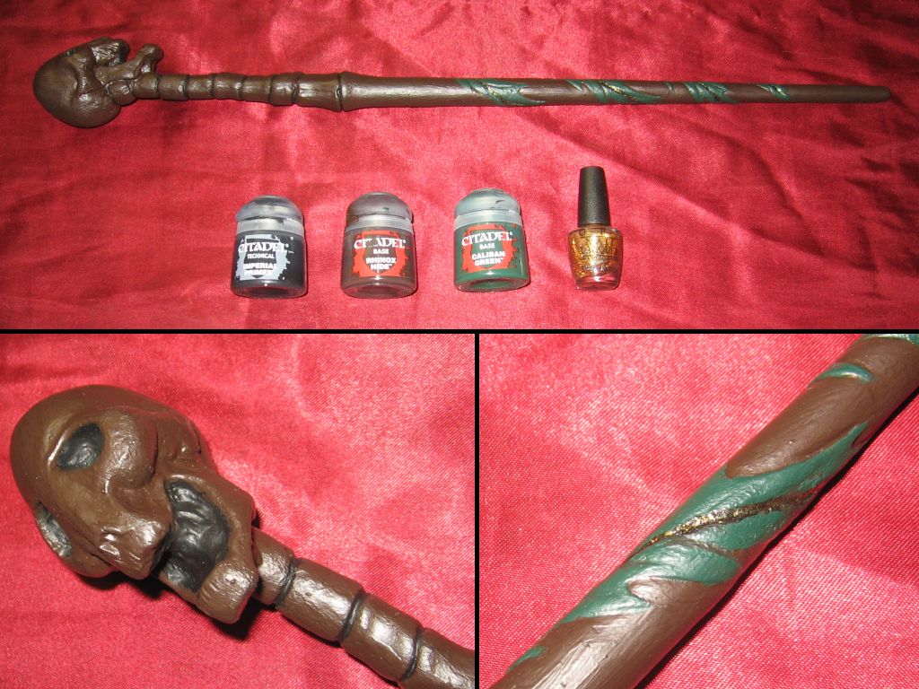 The bottles of paint lined up beneath the wand, and a closeup of the head and leaves again.