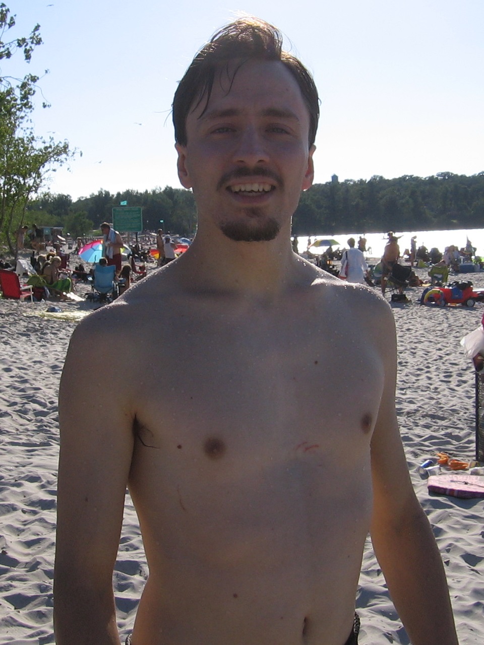 Kabutroid with a moustache and goatee, topless on the beach