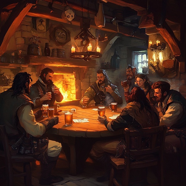 A group of seven adventurers around a tavern table, a roaring fire in the hearth, and drinks on the table, discuss the coming battle.