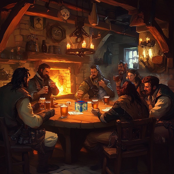 A group of seven adventurers around a tavern table, with a colourful, magical jack in the box, a cube of summoning, between them.