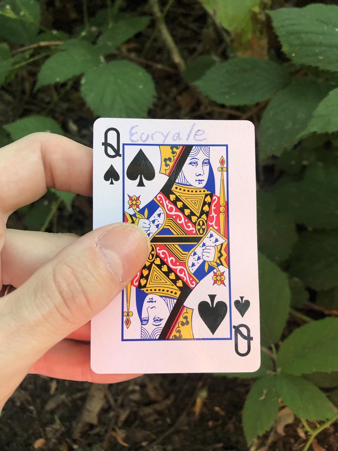 The queen of spades with the name Euryale written on it, held above the brush.