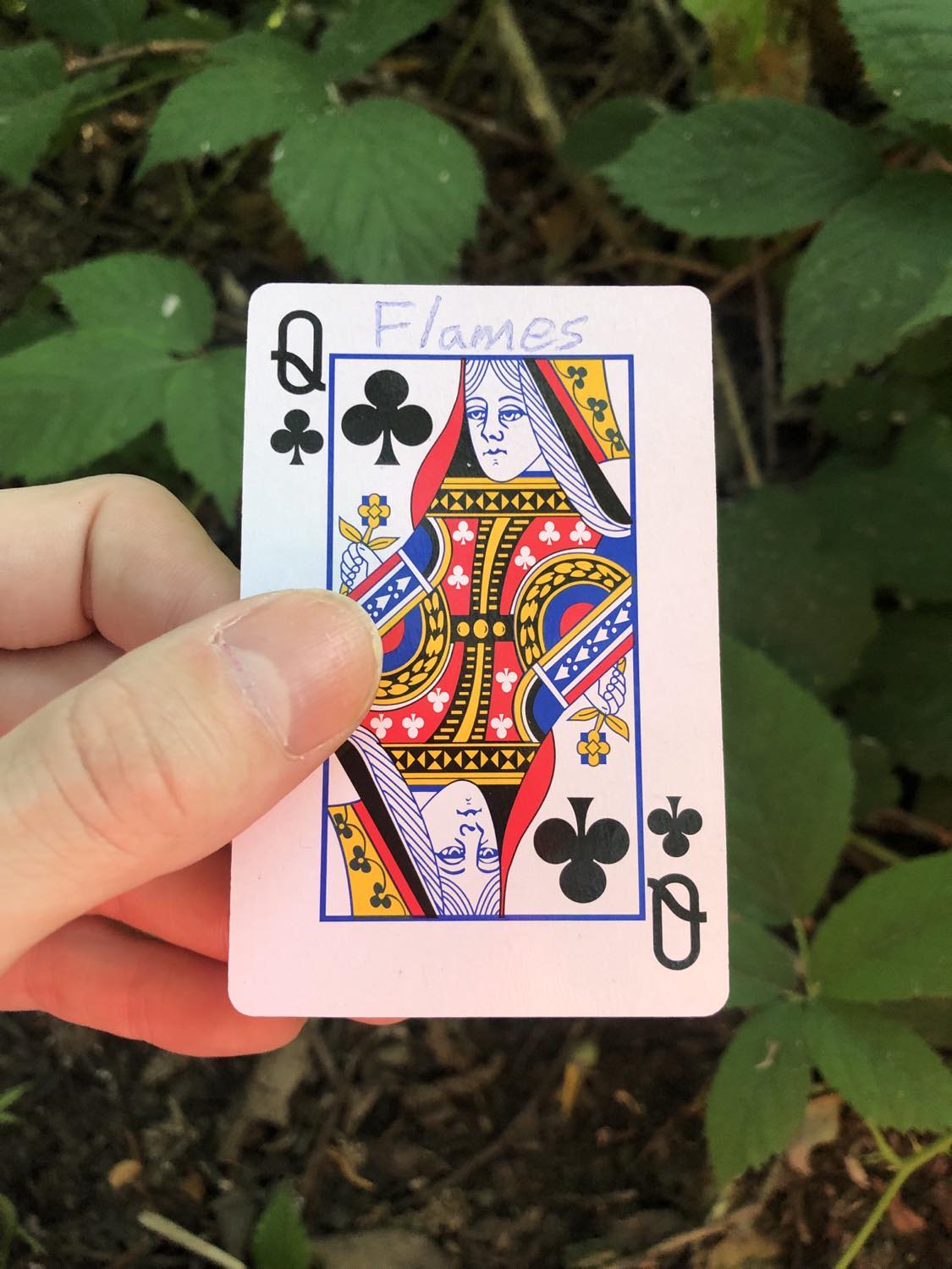 The queen of spades with the word Flames written on it, held above the brush.