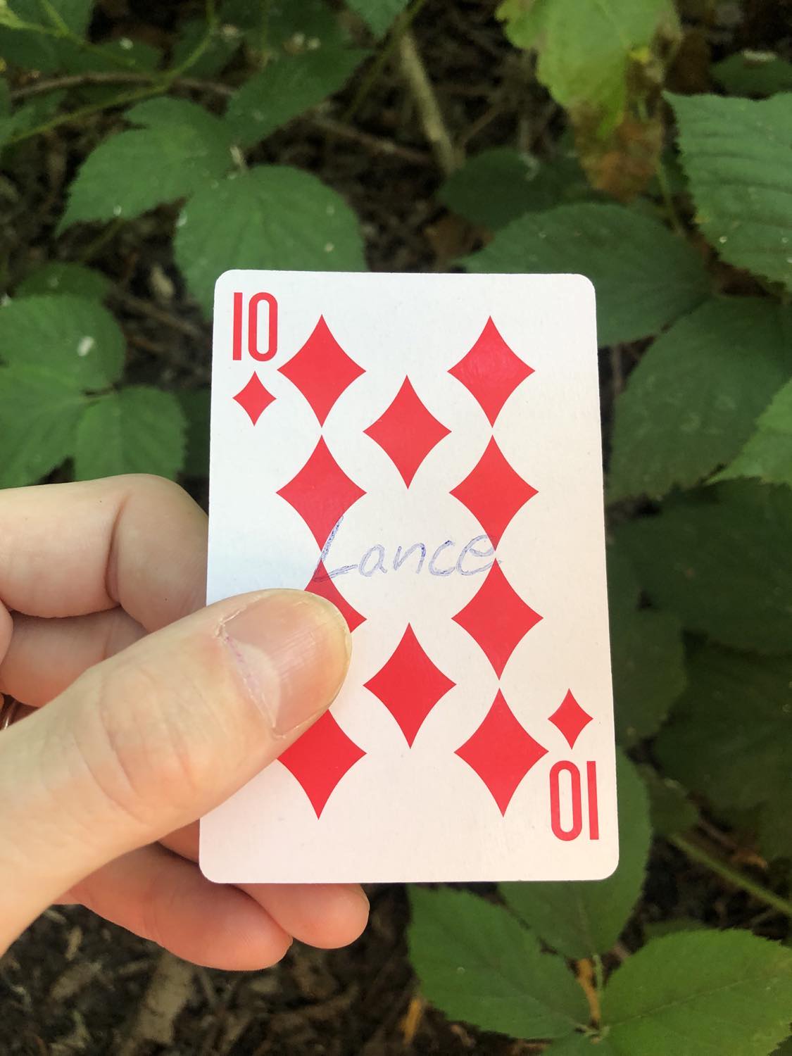 The ten of diamonds with the word Lance written on it, held above the brush.