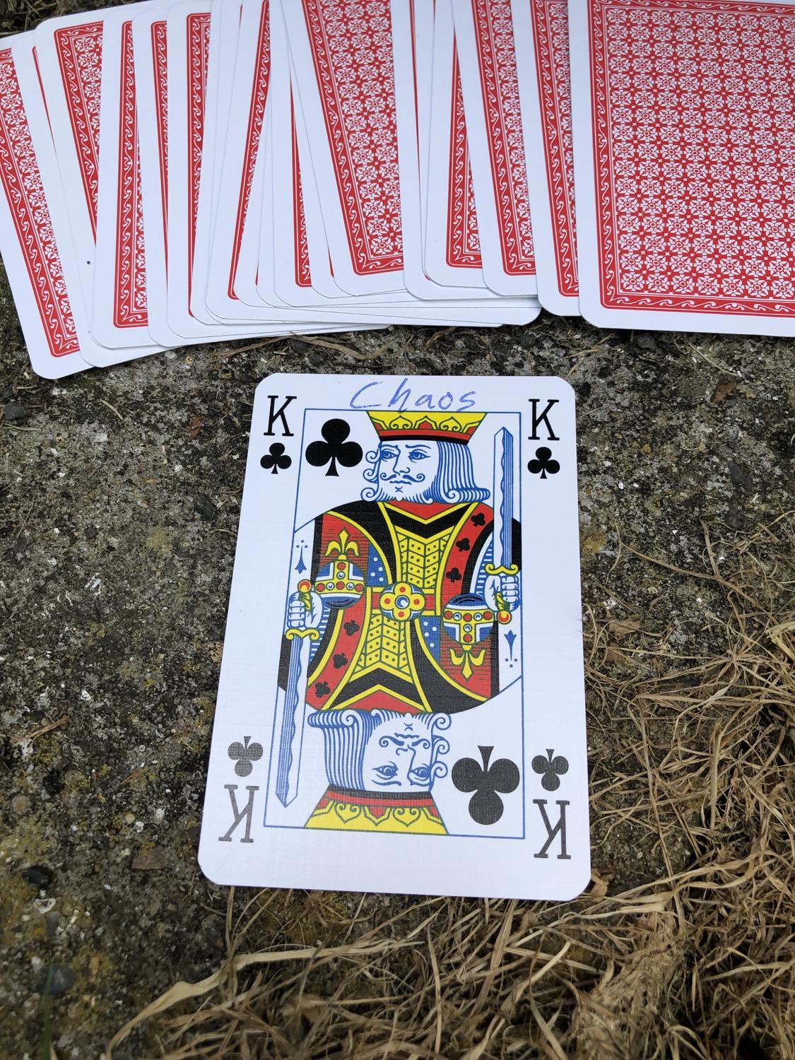 The king of clubs with the word Chaos written on it, laying on the bridge support.