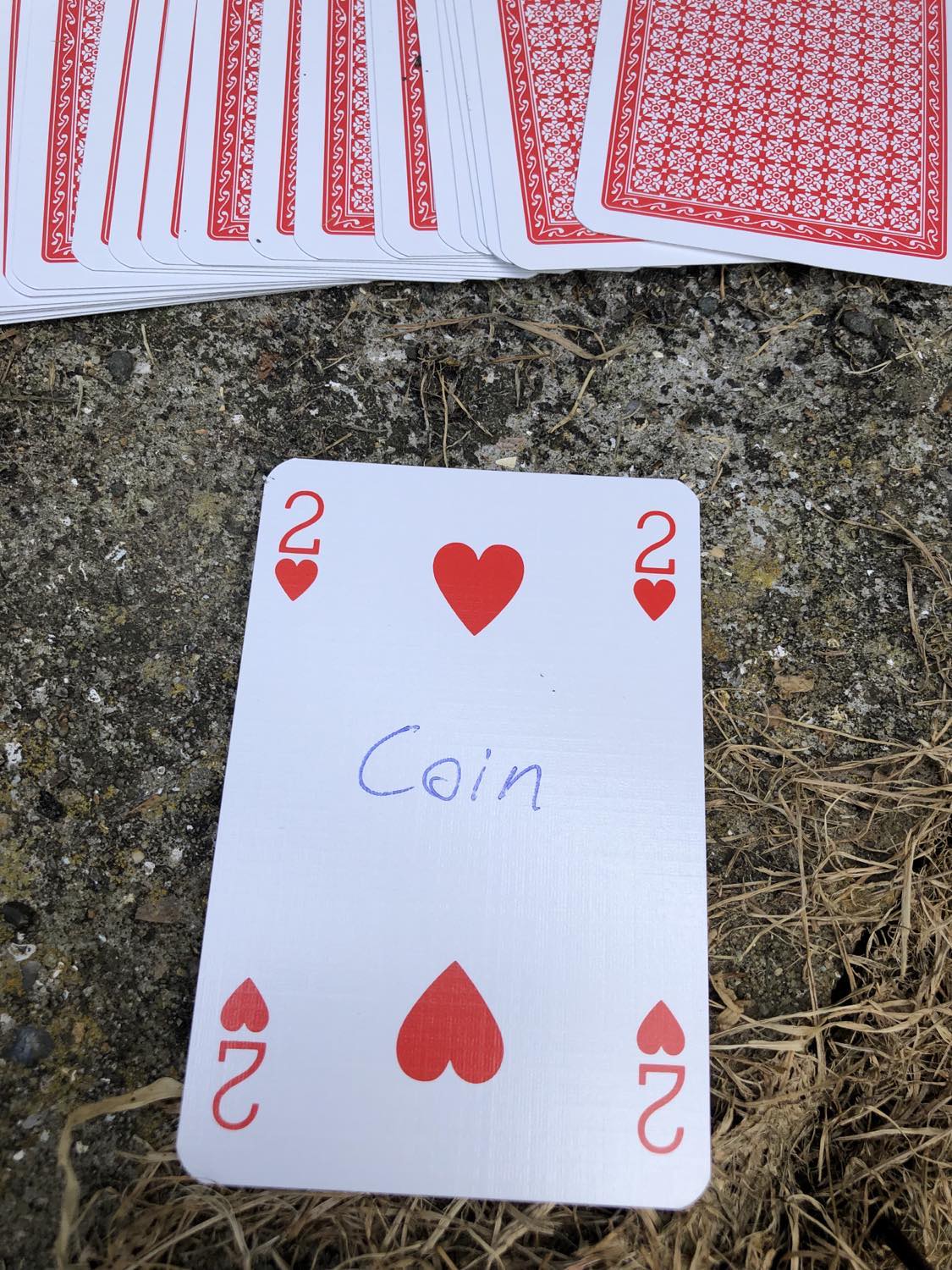 The two of hearts with the word Coin written on it, laying on the bridge support.