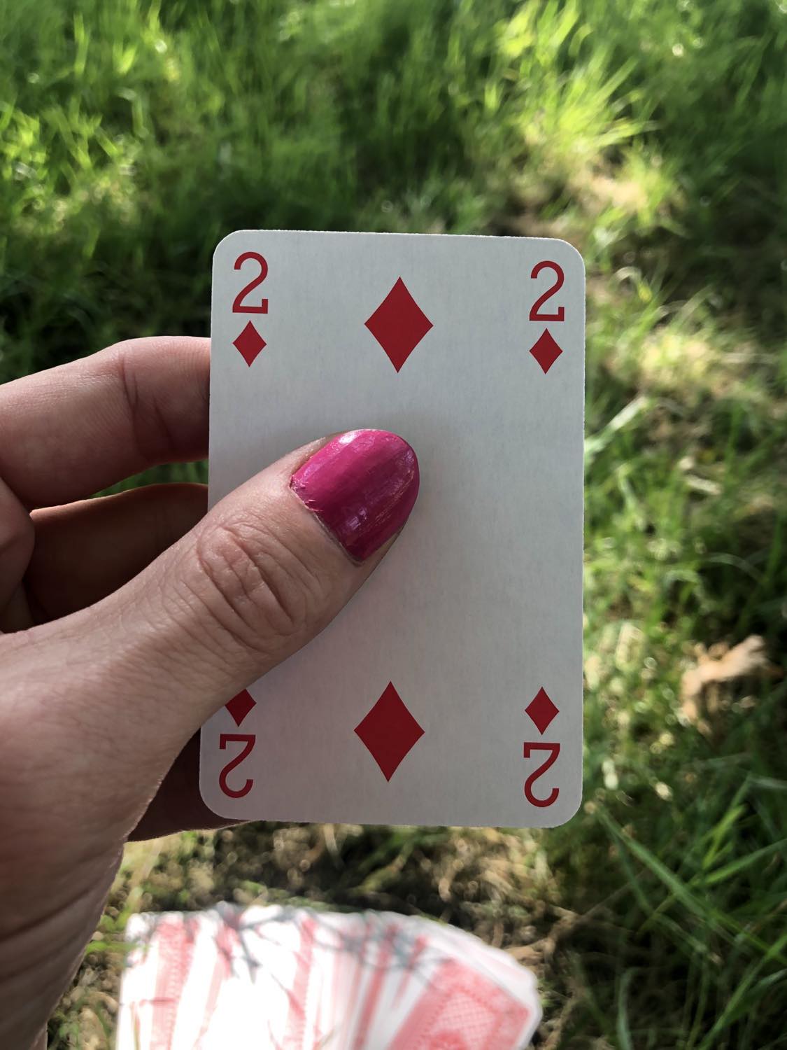 The two of diamonds, held up from the drawn out cards.