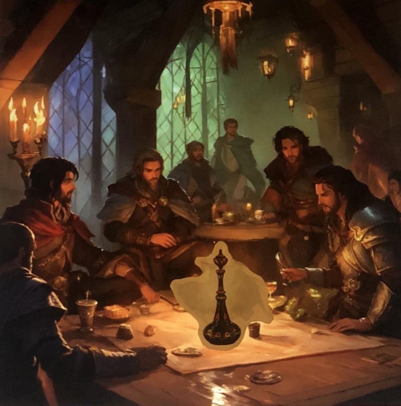 A party of adventurers around a table in a darkened tavern. In the center of the table between the adventurers sits an Efreeti Bottle, an ornate, colourful bottle with a stopper. A mysterious artifact said to possibly contain wishes, and the party debates whether to open it.