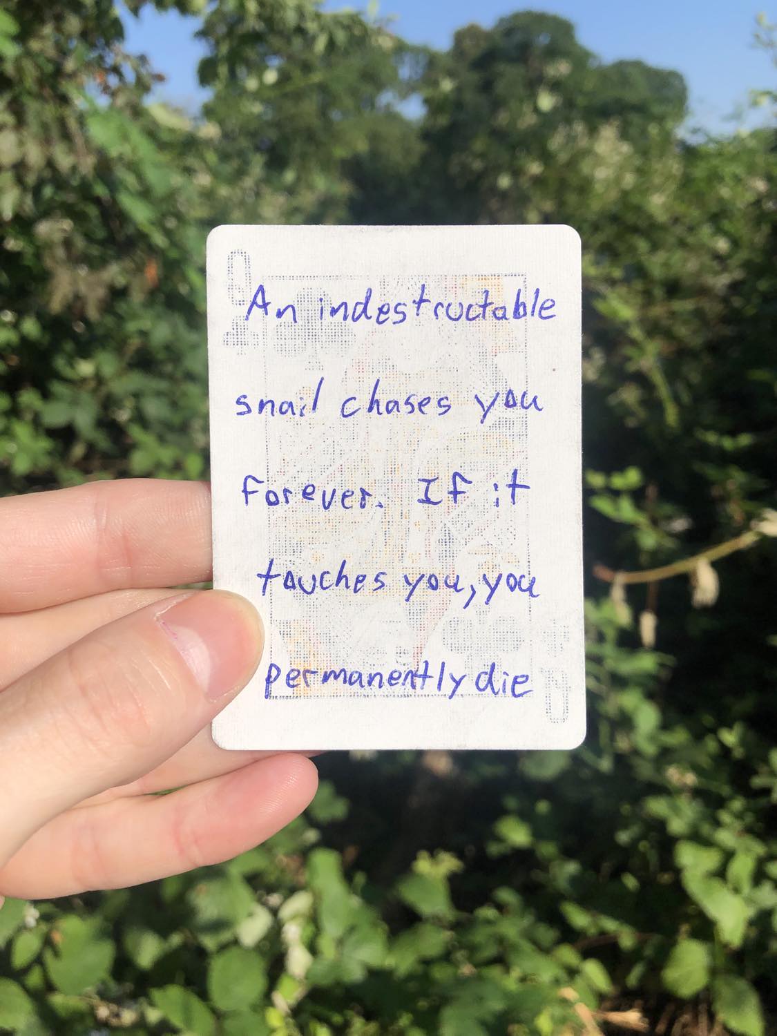 The queen of clubs, held with the trees and foliage behind. An indestructible snail chases you forever. If it touches you, you permanently die.