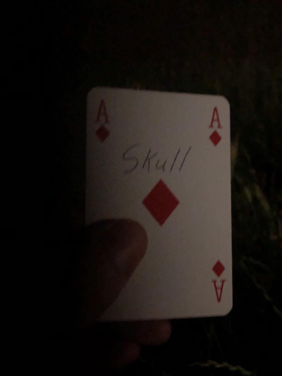 The ace of diamonds with the word Skull written on it, held in the barely lit dark.