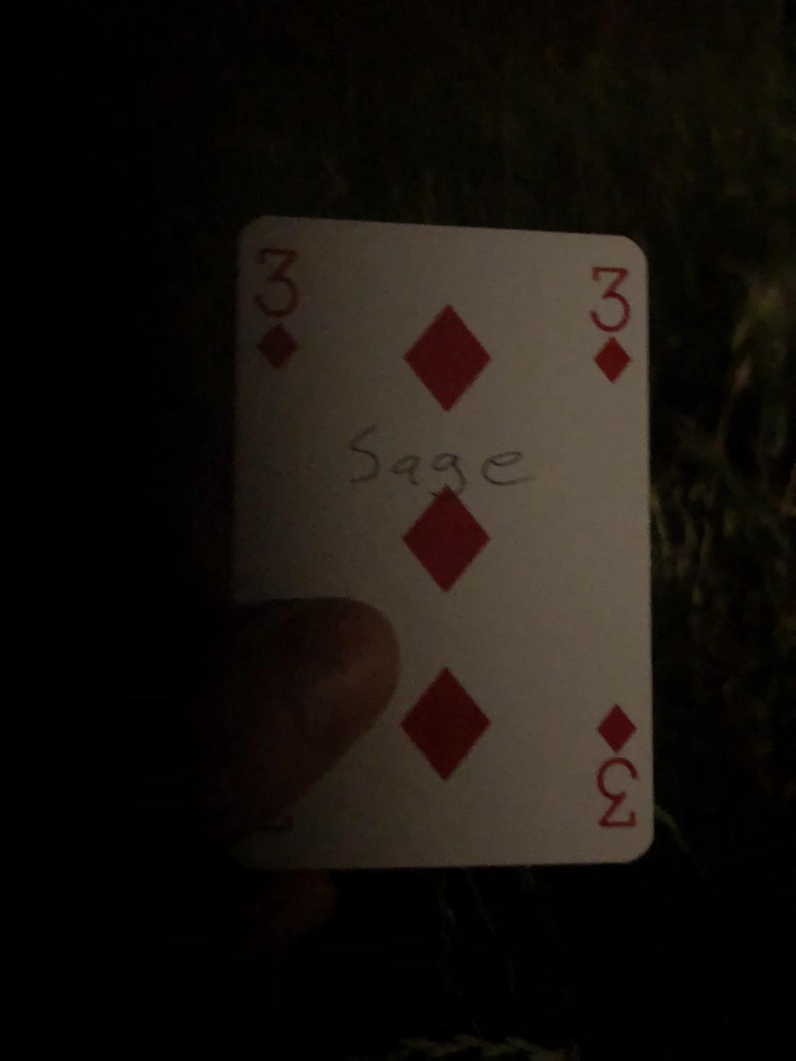 The three of diamonds with the word Sage written on it, held in the barely lit dark.