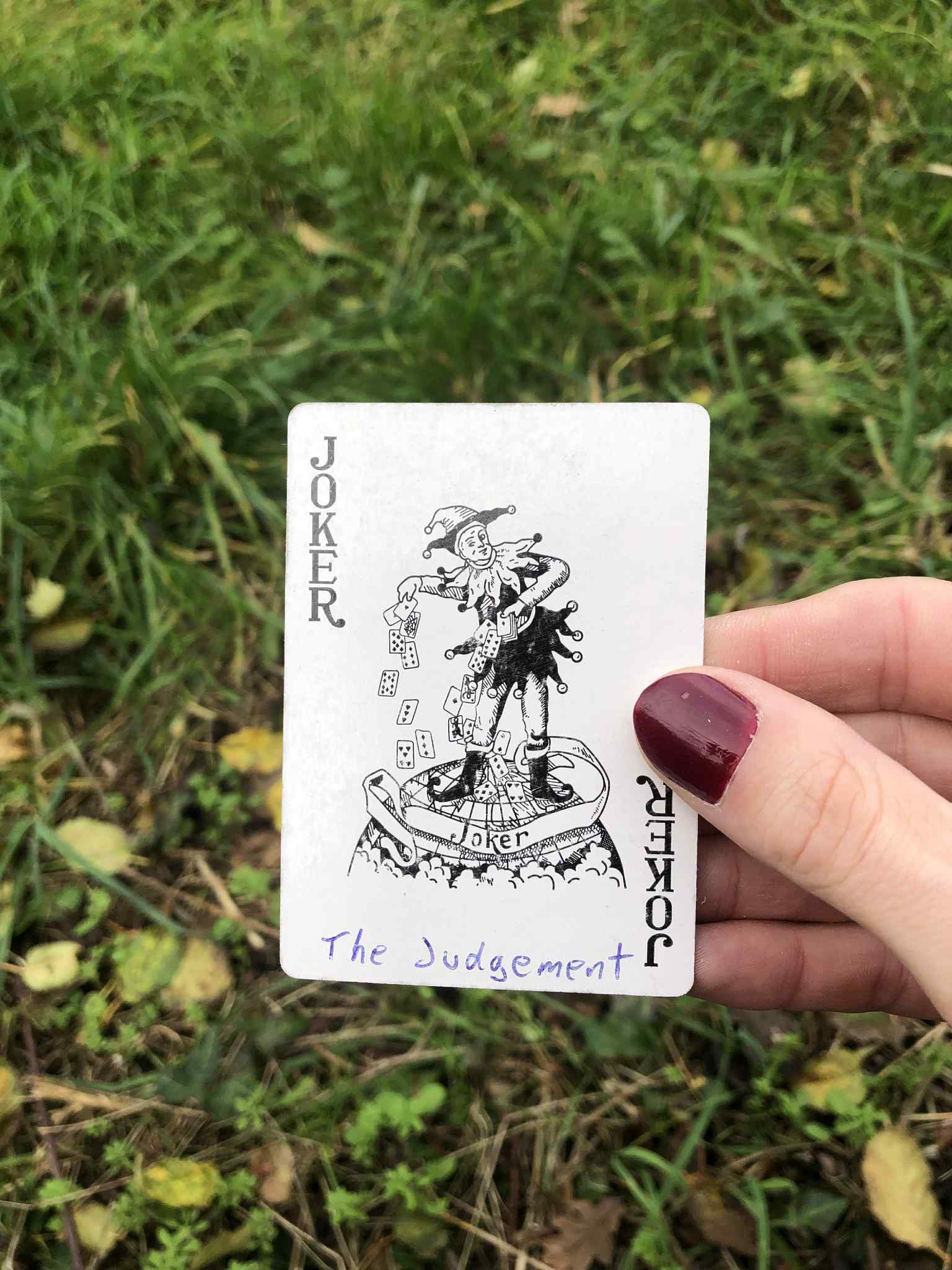 Crouched in the grass, you hold the drawn card before you.