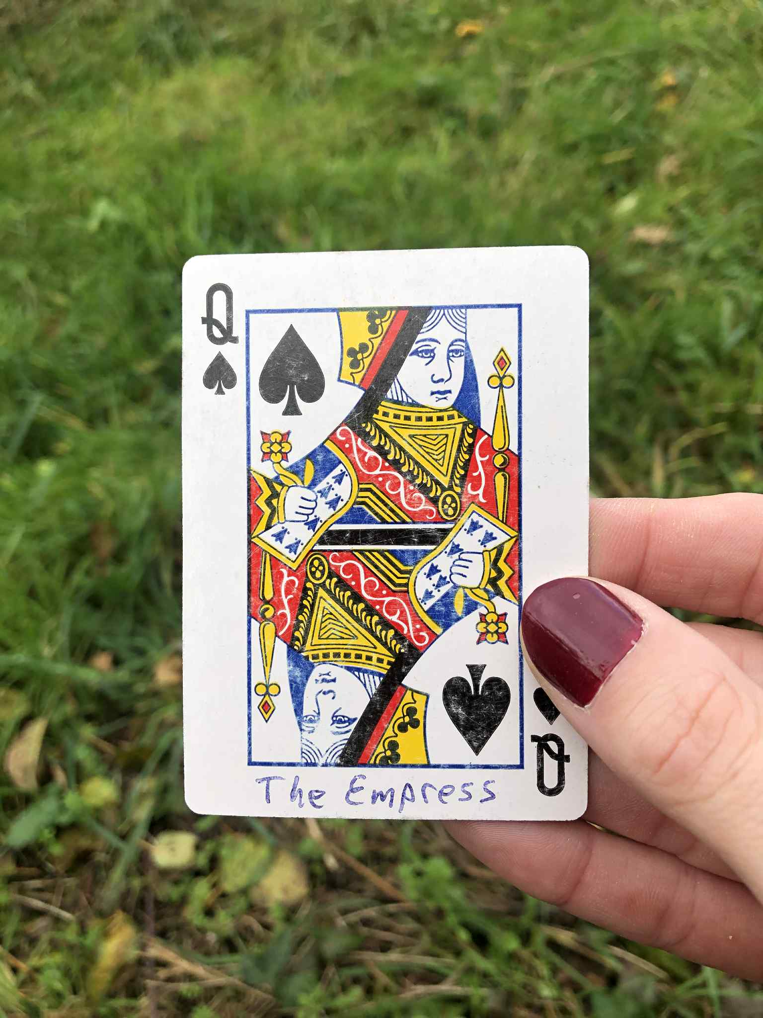 Crouched in the grass, you hold the drawn card before you.