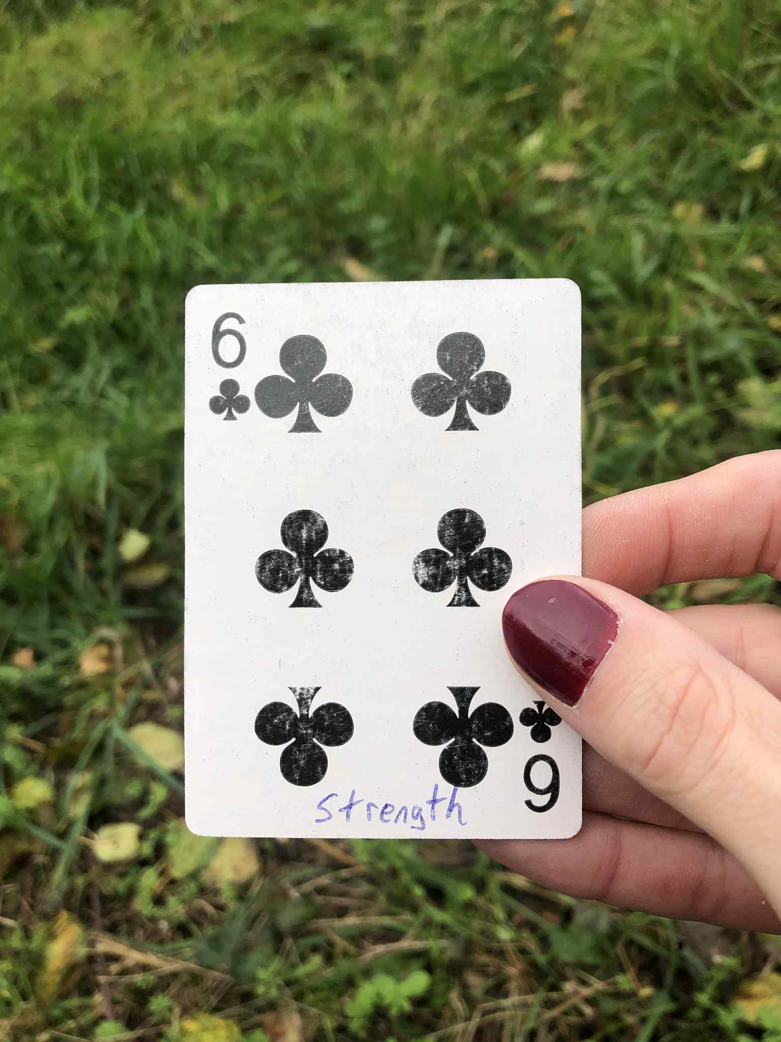 Crouched in the grass, you hold the drawn card before you.