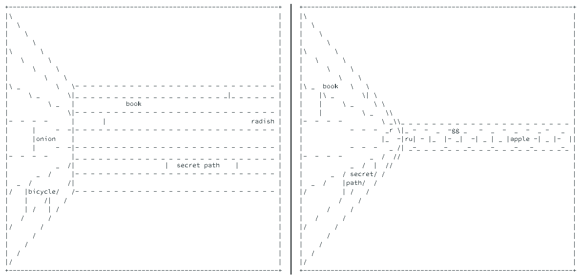 Two directions of the corner of a room, which shows the secret path exit.