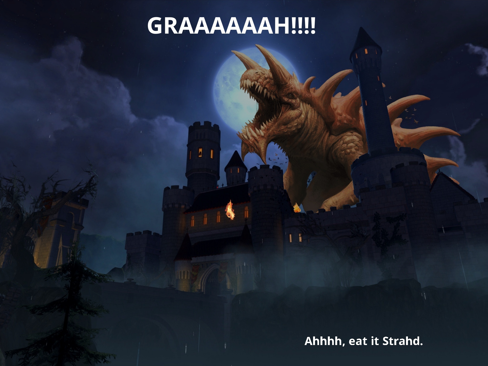 You gaze upon Castle Ravenloft, being ravaged by a giant, terrifying tarrasque.